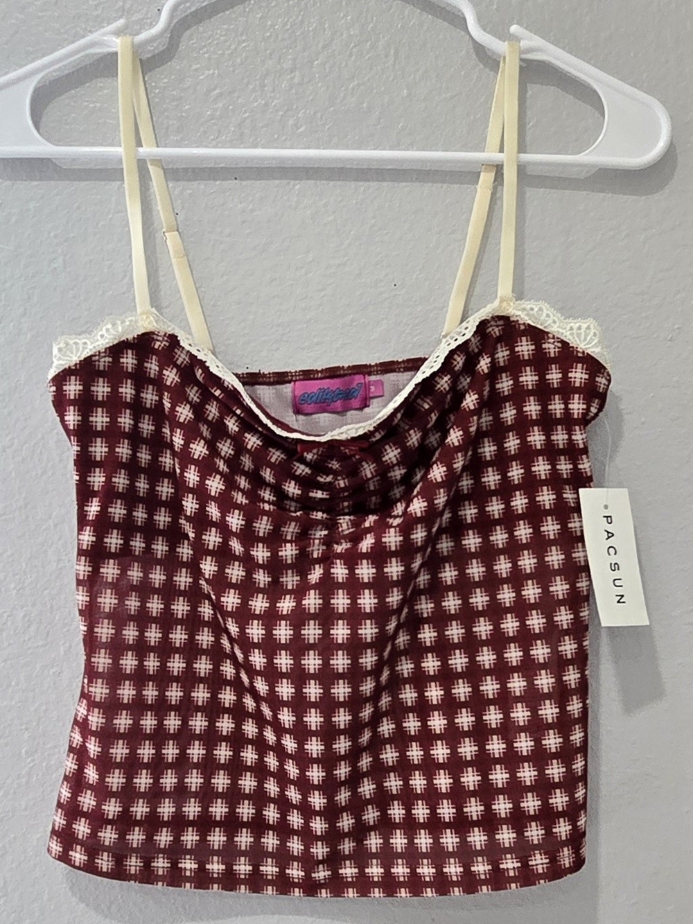 PacSun Burgundy Plaid Lace-Trim Cowl Tank